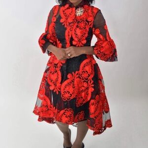 Elegant Red and Black Lace Robe